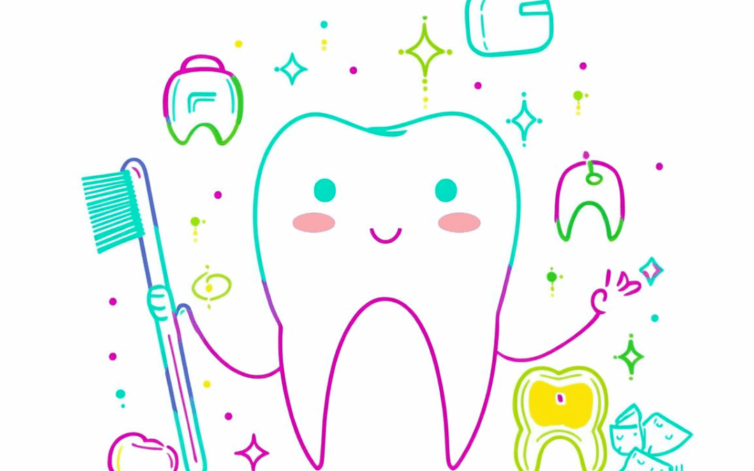 Illustrazione stilizzata di una visita dal dentista pediatrico per bambini