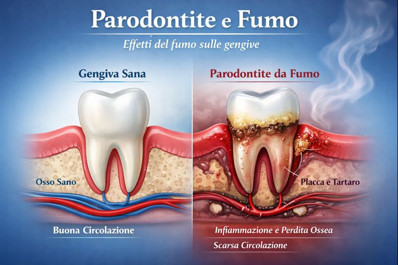 Confronto tra gengiva sana e parodontite causata dal fumo di sigaretta