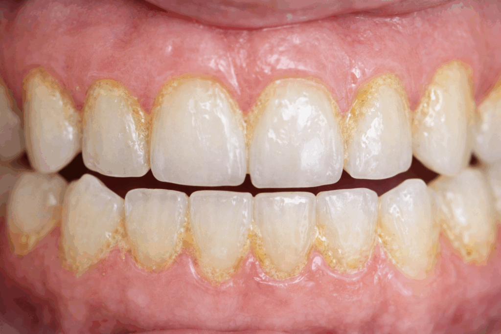 Placca dentale accumulata lungo il margine gengivale