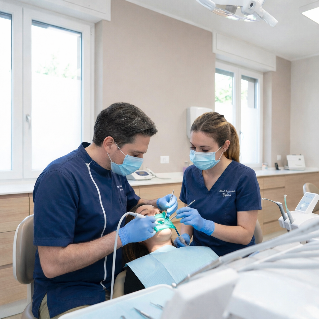 Dentista e assistente mentre eseguono un trattamento in studio odontoiatrico