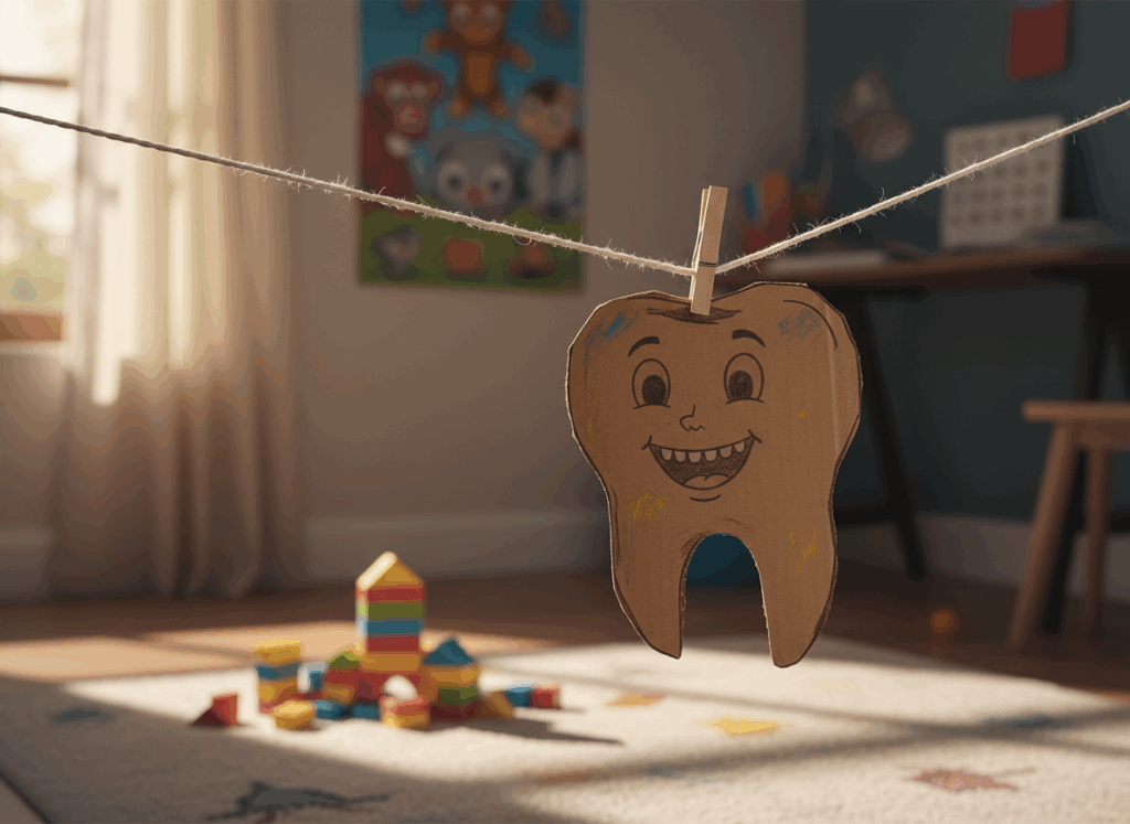 Illustrazione di un dente sorridente appeso come un pendolo in una stanza per bambini, simbolo della mobilità dentale.