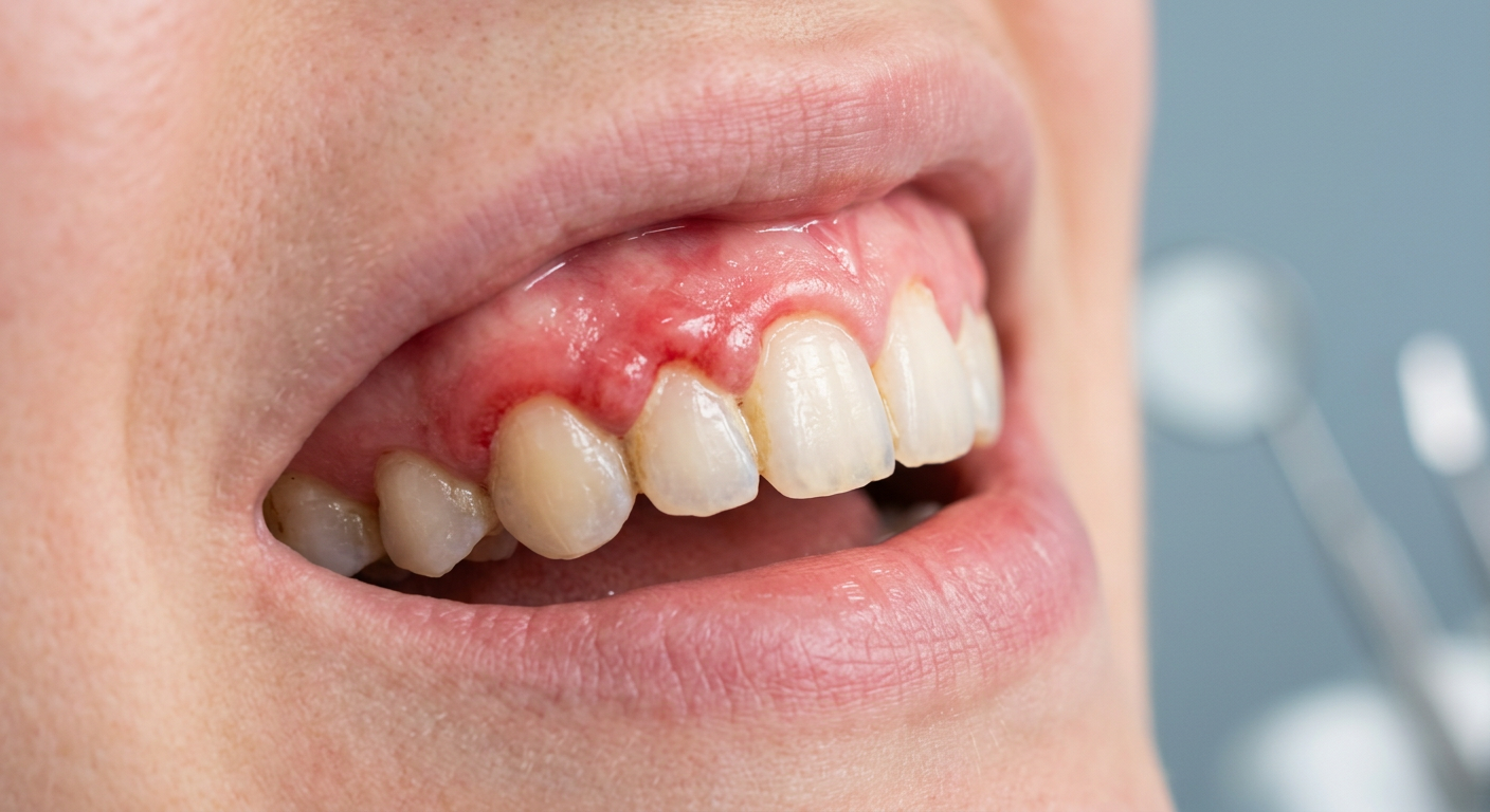 Gengiva infiammata con arrossamento e gonfiore vicino ai denti