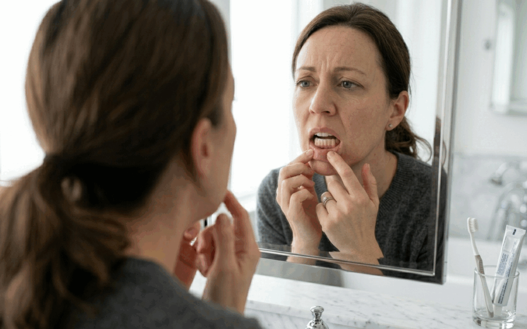 Paziente allo specchio che controlla un incisivo inferiore che si muove con espressione preoccupata