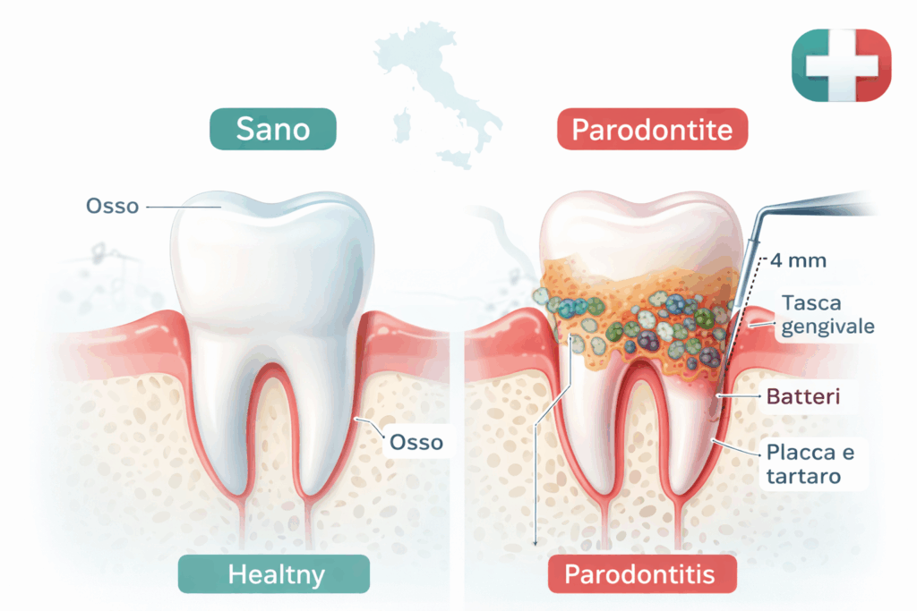 Differenza tra dente sano e parodontite con perdita di osso e tasche gengivali