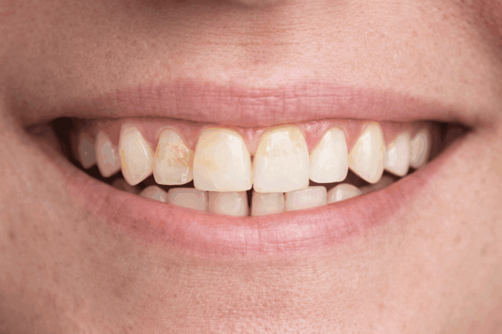 Segni di bruxismo e infiammazione gengivale con usura dello smalto e arrossamento delle gengive