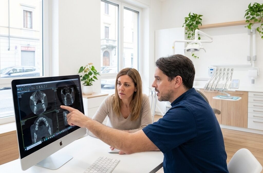 Parodontite Rimini: dentista spiega radiografia dentale a paziente durante visita parodontale