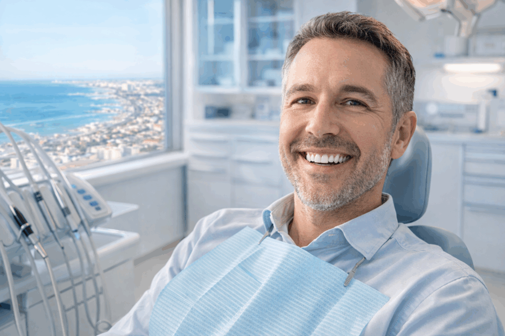 Paziente sorridente dopo cura della parodontite a Rimini in studio dentistico moderno