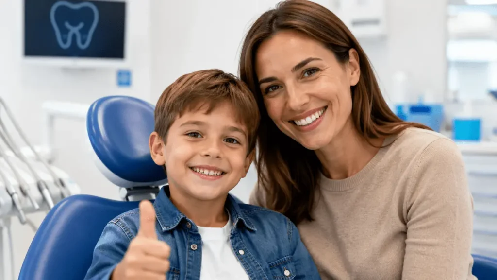 Bambino sorridente dopo una visita odontoiatrica pediatrica