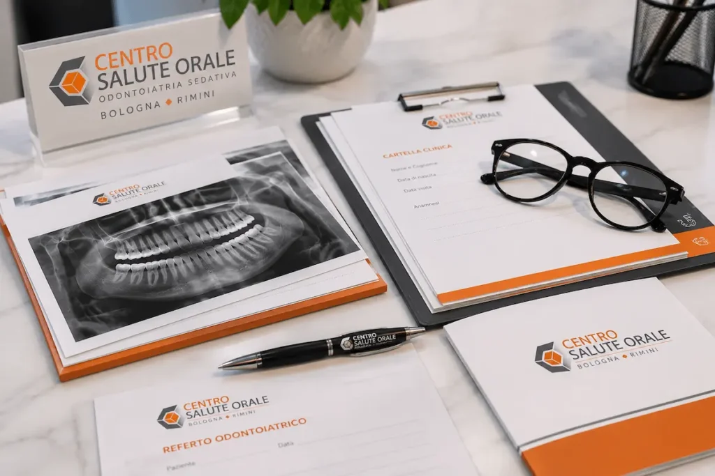 Documentazione odontoiatrico-legale con radiografie dentali, cartelle cliniche e referti del Centro Salute Orale di Bologna e Rimini.