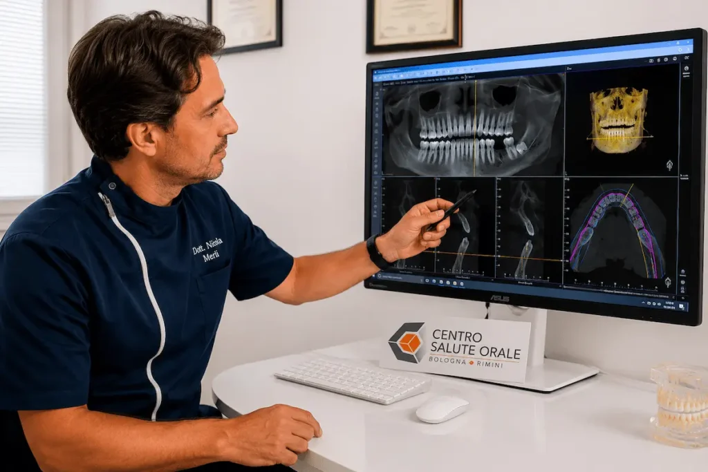 Il dott. Nicola Merli osserva una CBCT dentale su monitor medicale durante una consulenza di odontoiatria legale presso il Centro Salute Orale di Bologna e Rimini.