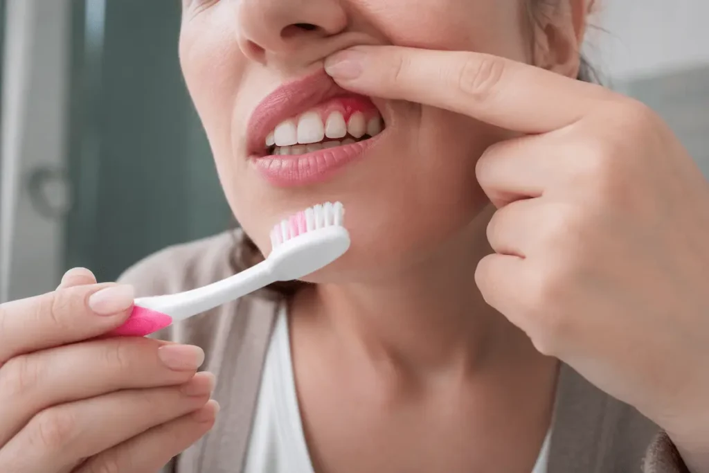 Gengive infiammate e sanguinanti durante la gravidanza mentre si lavano i denti