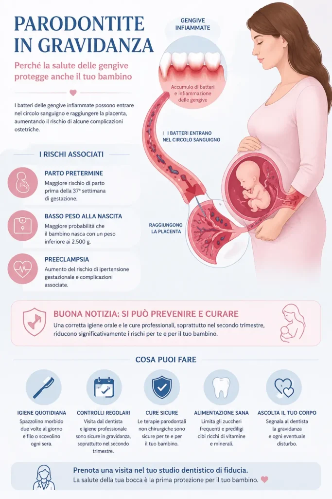 Infografica medica sulla parodontite in gravidanza e i rischi per mamma e bambino