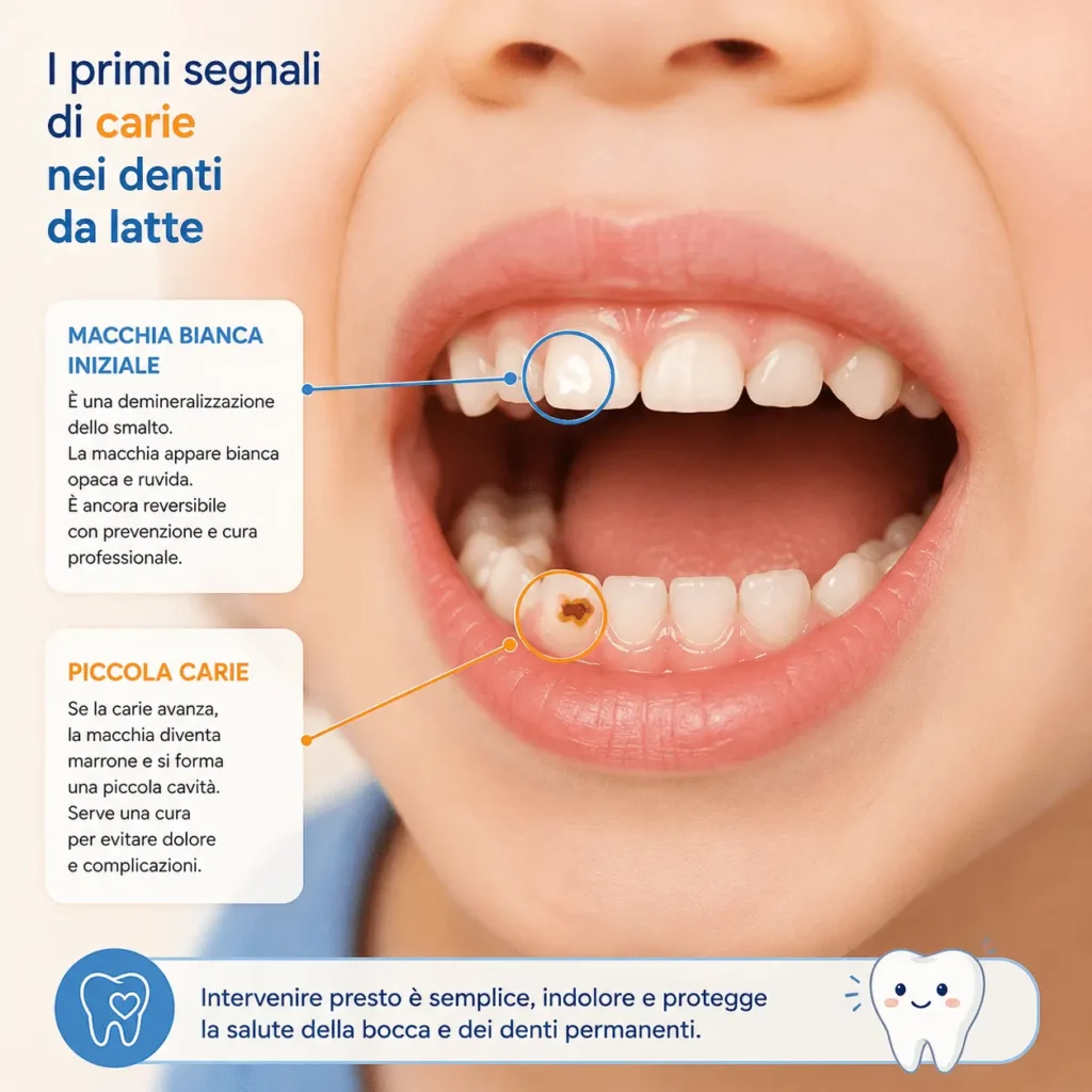 Macchia bianca e carie iniziale su dente da latte