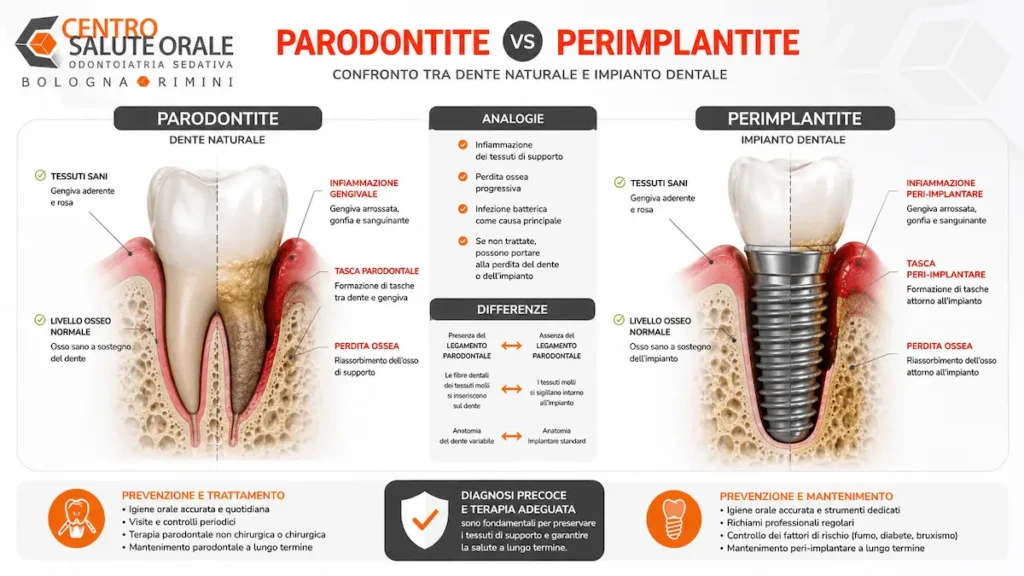 Infografica comparativa tra parodontite e perimplantite che mostra la perdita ossea attorno a un dente naturale e a un impianto dentale. Illustrazione anatomica dettagliata delle differenze e delle analogie tra le due patologie, con evidenza dell'infiammazione gengivale e del riassorbimento osseo.