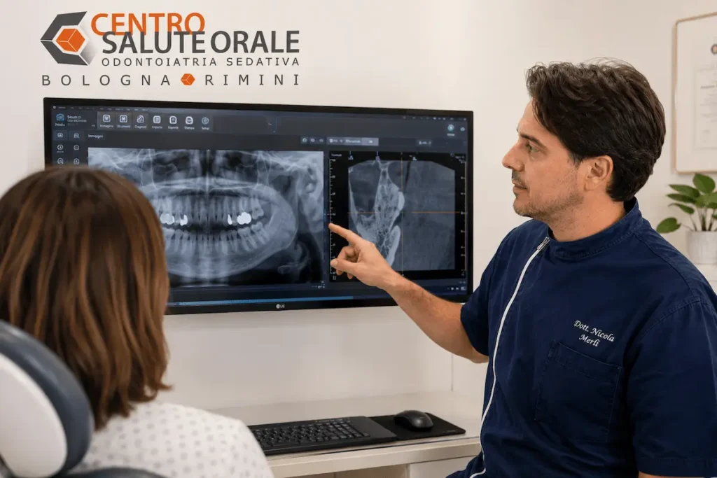 Il Dott. Nicola Merli mostra a una paziente una radiografia panoramica e una CBCT durante una consulenza specialistica presso il Centro Salute Orale. L'immagine illustra la valutazione della perdita ossea causata dalla parodontite e la pianificazione di un trattamento implantare personalizzato.