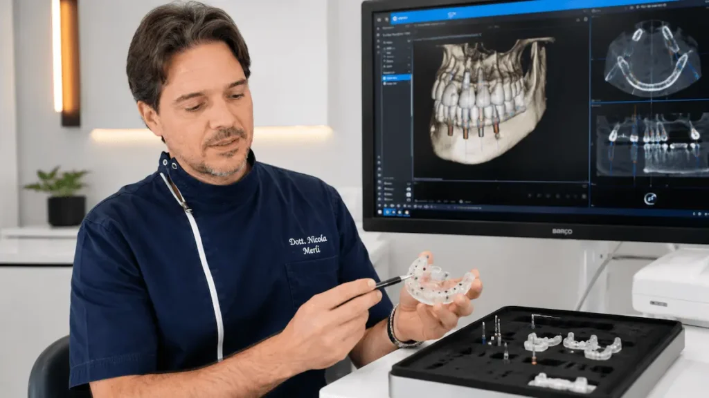 Il-dott.-Nicola-Merli-illustra-una-guida-chirurgica-per-implantologia-computer-guidata-davanti-a-una-ricostruzione-CBCT-3D-p-1