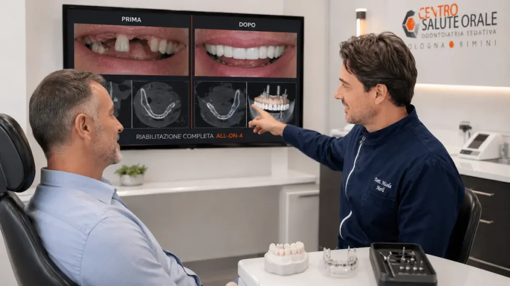 Il dott. Nicola Merli mostra a un paziente il progetto di riabilitazione implantare All-on-4 con immagini CBCT 3D e simulazione