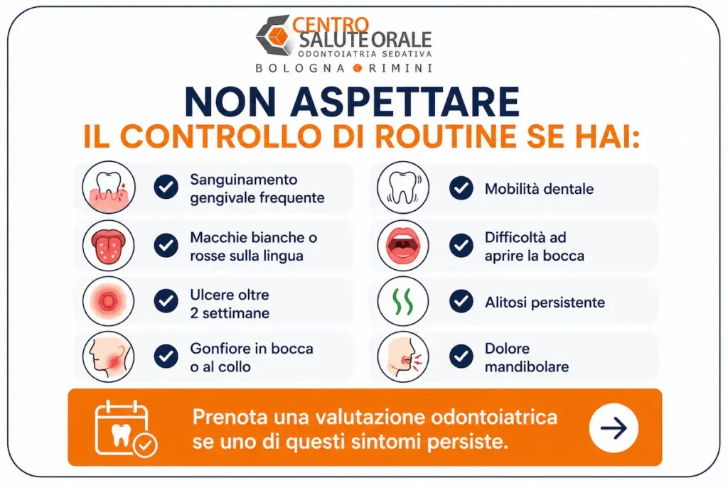 Infografica che elenca i sintomi che richiedono una visita odontoiatrica: sanguinamento gengivale, macchie sulla lingua, ulcere persistenti, gonfiore orale o cervicale, mobilità dentale, difficoltà ad aprire la bocca, alitosi persistente e dolore mandibolare