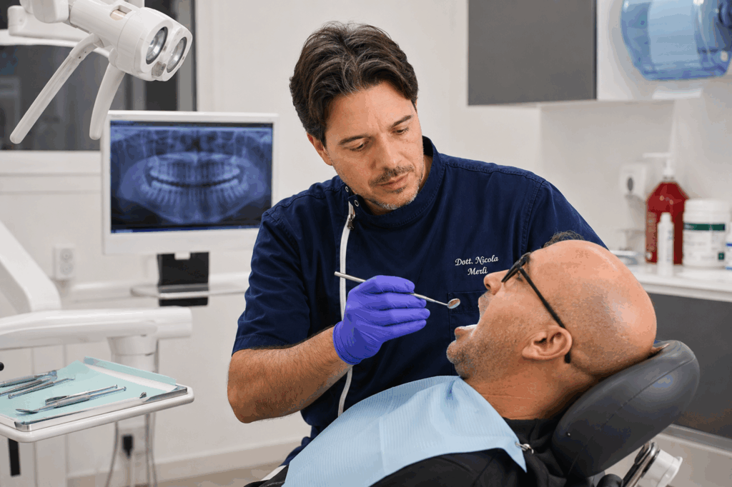 Visita odontoiatrica completa a Bologna: il Dr. Nicola Merli esegue l'esame delle mucose orali per la prevenzione e la diagnosi precoce del tumore orale