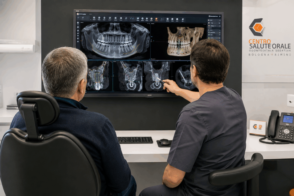 Dentista e paziente di spalle osservano una TAC Cone Beam 3D con marcato riassorbimento osseo e la pianificazione digitale di un impianto dentale durante una consulenza implantologica al Centro Salute Orale