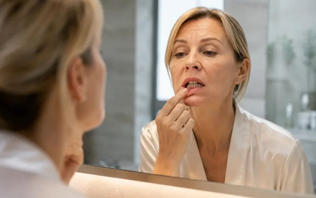 Donna in menopausa che controlla le gengive davanti allo specchio per riconoscere precocemente sanguinamento, recessione gengivale e altri segni della parodontite.