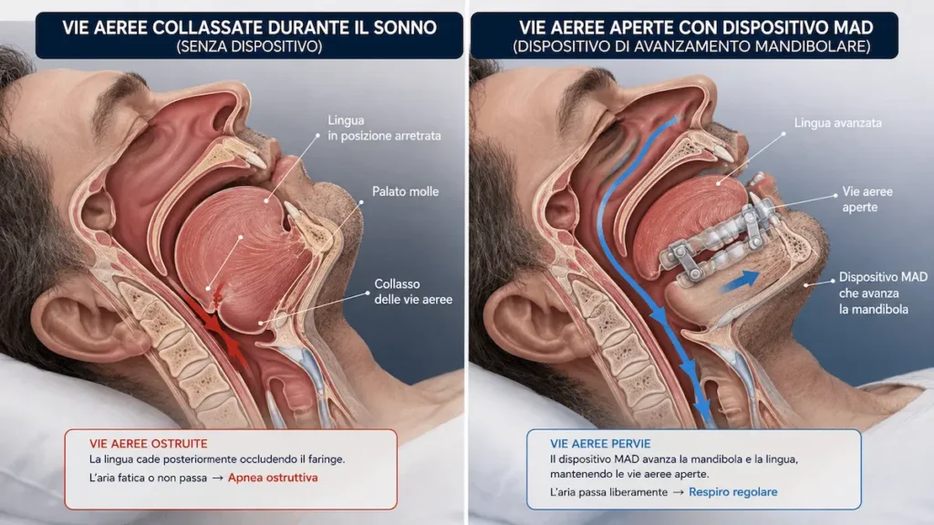 Il dispositivo mandibolare mantiene aperte le vie aeree avanzando mandibola e lingua durante il sonno.