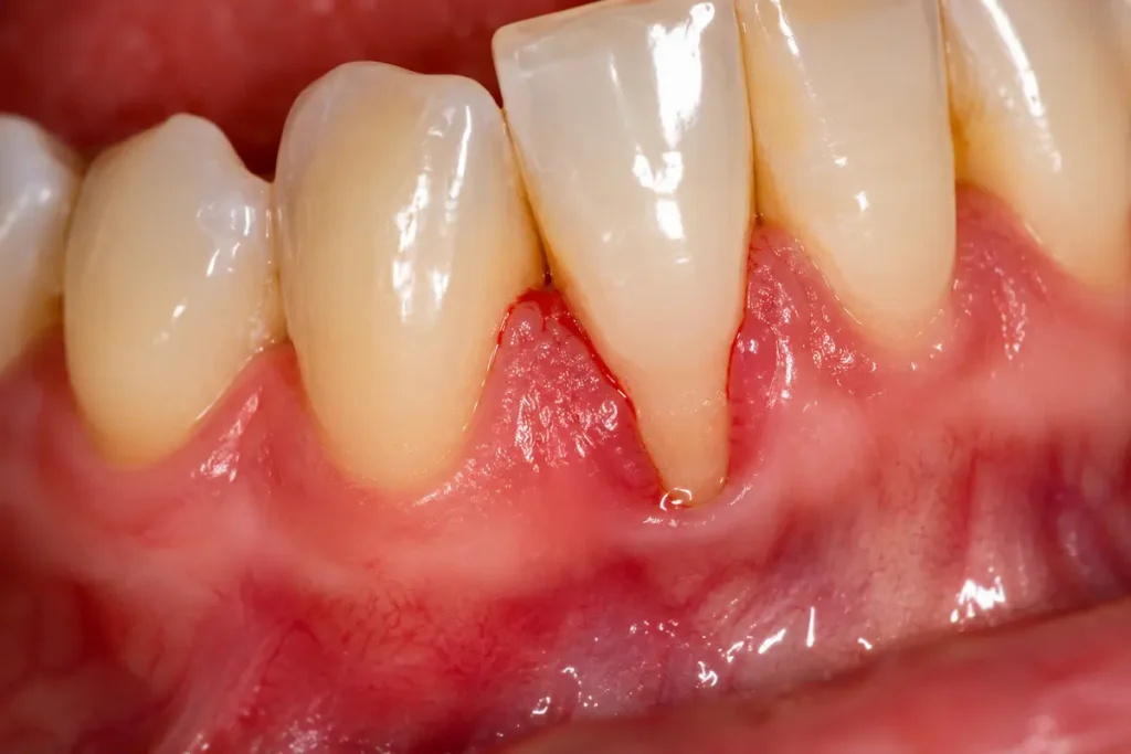 Macrofotografia clinica che mostra una lieve recessione gengivale con iniziale esposizione della radice e arrossamento del margine gengivale, un quadro precoce che può rappresentare uno dei primi segni della parodontite.