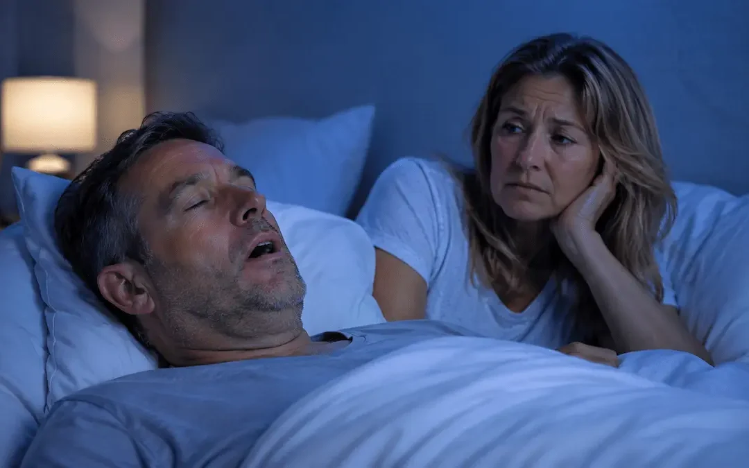 Uomo che russa durante il sonno mentre la partner osserva preoccupata i sintomi delle apnee ostruttive del sonno.