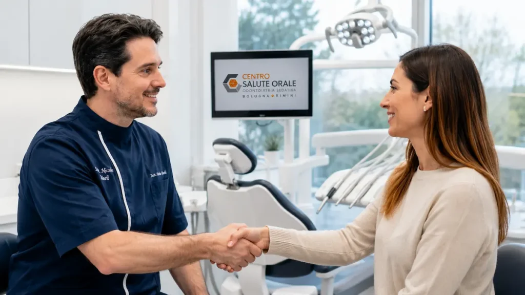 Paziente soddisfatta dopo la consulenza di chirurgia parodontale presso il Centro Salute Orale di Bologna.