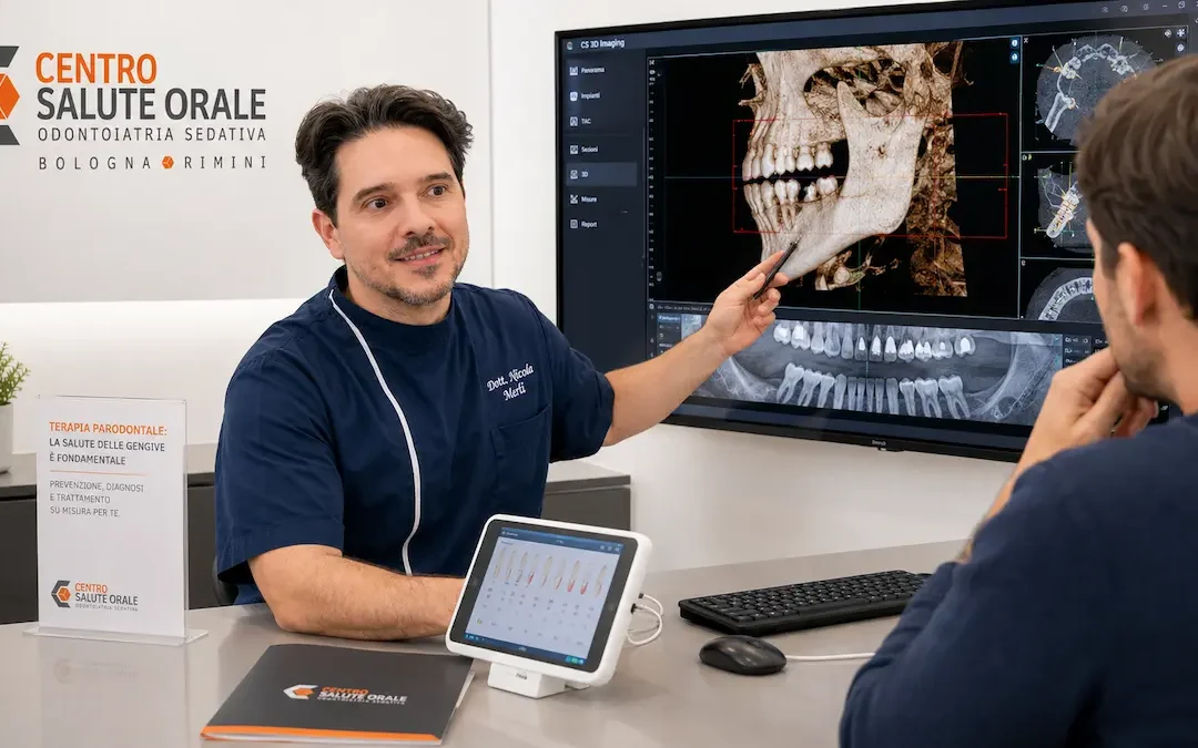 Consulenza parodontale del Dott. Nicola Merli con analisi della CBCT 3D e del sondaggio parodontale digitale. Immagine dedicata alla terapia della parodontite e all'uso mirato degli antibiotici come supporto al trattamento meccanico.