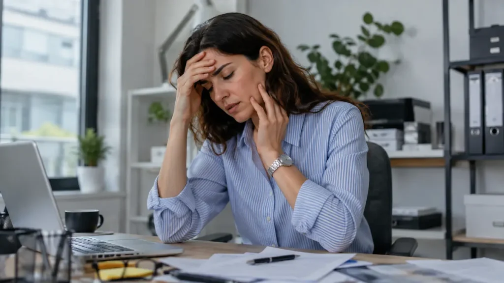 Donna stressata al lavoro che si porta una mano alla guancia. Immagine che rappresenta il legame tra stress cronico, aumento del cortisolo e peggioramento della parodontite e dell'infiammazione gengivale.