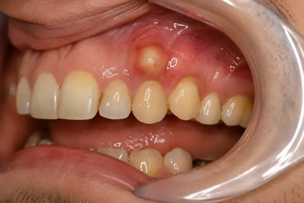 Primo piano di un ascesso dentale con gonfiore della gengiva e raccolta di pus. Immagine clinica che illustra un'urgenza odontoiatrica trattata presso il Centro Salute Orale di Rimini.