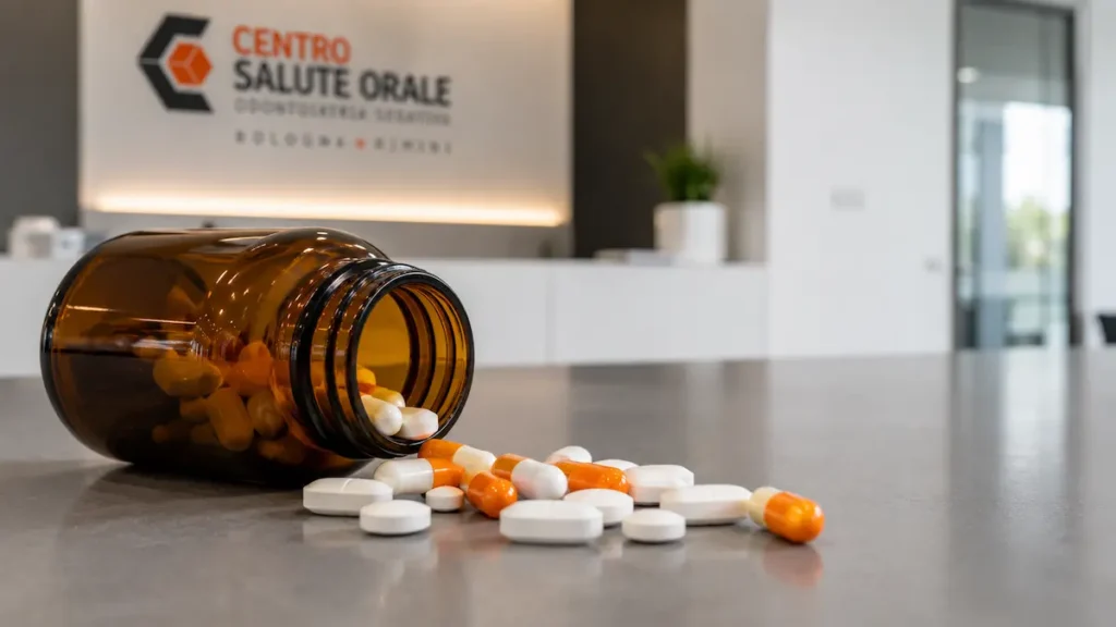 Primo piano di un flacone di antibiotici con compresse e capsule su un tavolo. Immagine che rappresenta l'utilizzo degli antibiotici nella terapia della parodontite, sempre come supporto allo scaling e root planing nei casi selezionati.