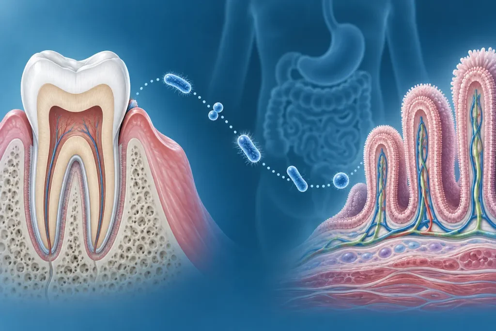 Illustrazione di un dente e dei villi intestinali collegati da una linea tratteggiata con batteri stilizzati