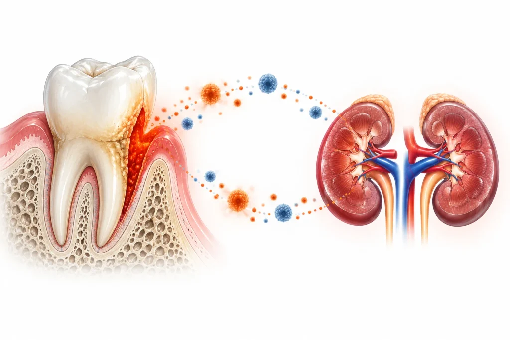 Illustrazione di un dente con gengiva infiammata e dei reni, collegati da elementi grafici.
