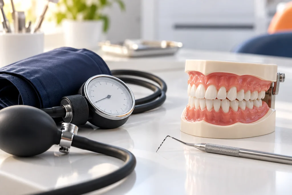 Misuratore di pressione, modello dentale e sonda parodontale su un tavolo clinico.