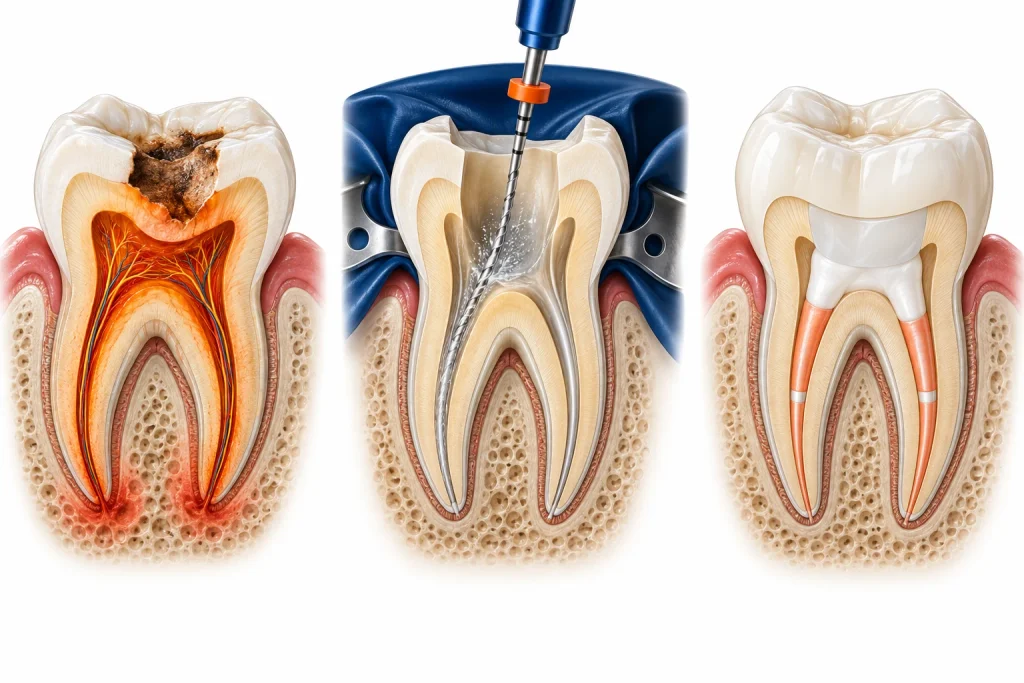 Illustrazione delle fasi della terapia canalare: polpa infiammata, pulizia dei canali e dente ricostruito.
